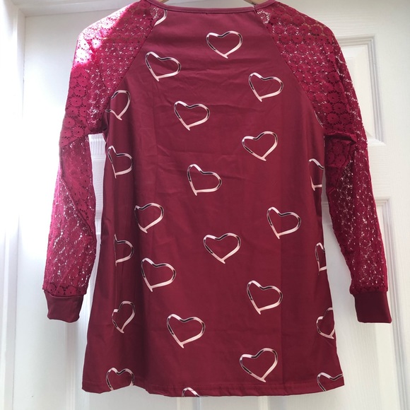 Love Heart Printed Red Lace Long Sleeve Casual Top - Picture 8 of 8